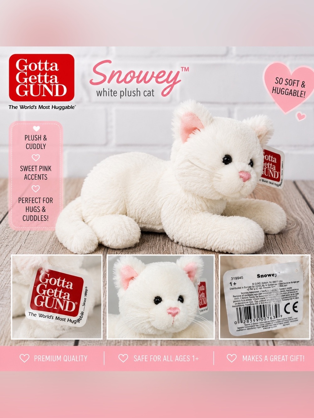 GUND Snowey White Plush Cat Stuffed Animal Soft Kitty Lovey